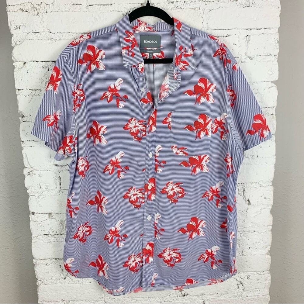 Bonobos Standard Fit Riviera Striped Floral Aloha Button Down Short Sleeve XL